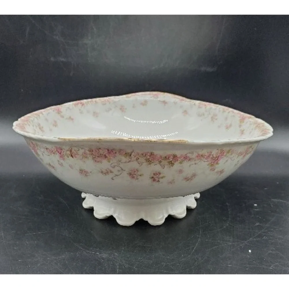 Vintage Haviland Limoges Porcelain Oval Vegetable Serving Bowl Footed Pink Rose
